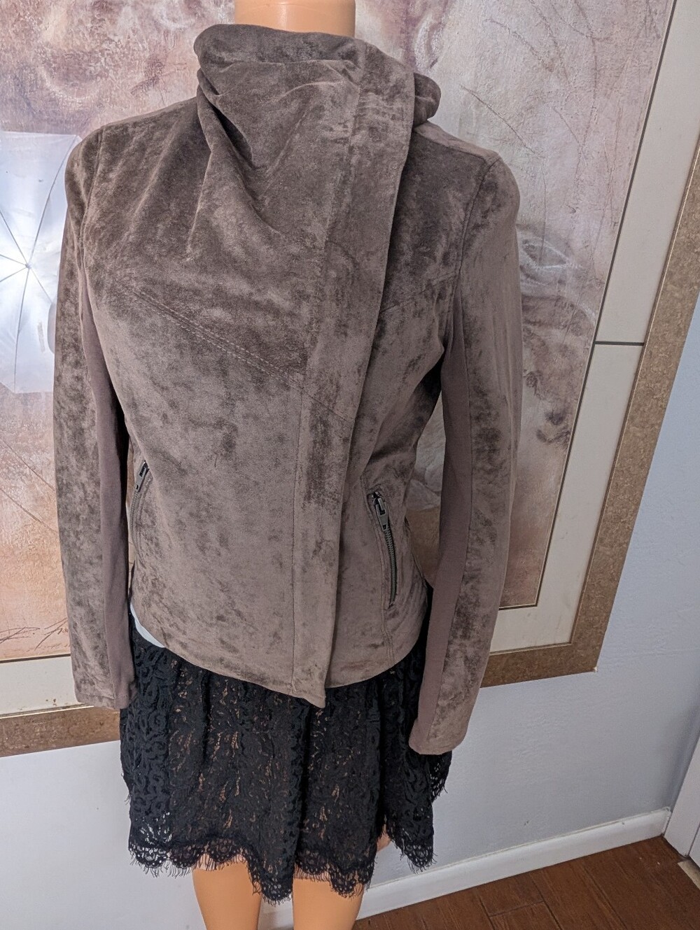 SL8 Women's Taupe Plush Drape Front Moto Jacket Size S